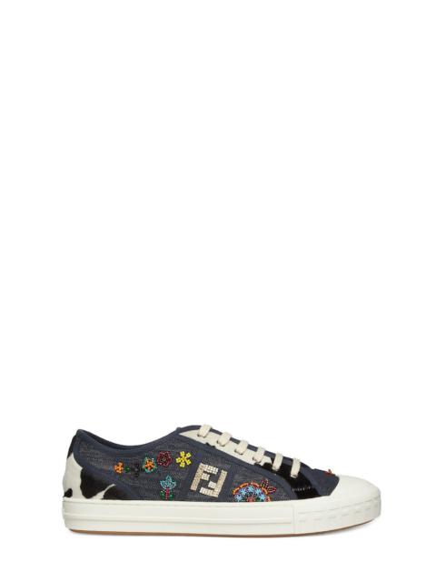 FENDI Compact, light design Fendi Domino sneakers. Made of blue denim with all-over embroidery of multicol