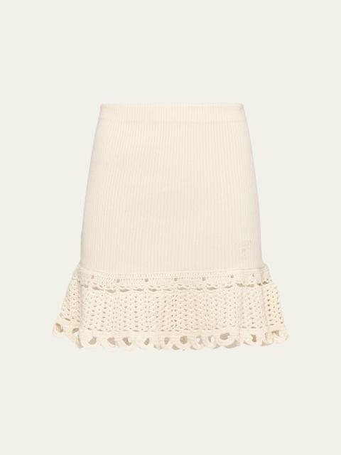 Logo-Embroidered Rib Mini Skirt with Crochet Hem