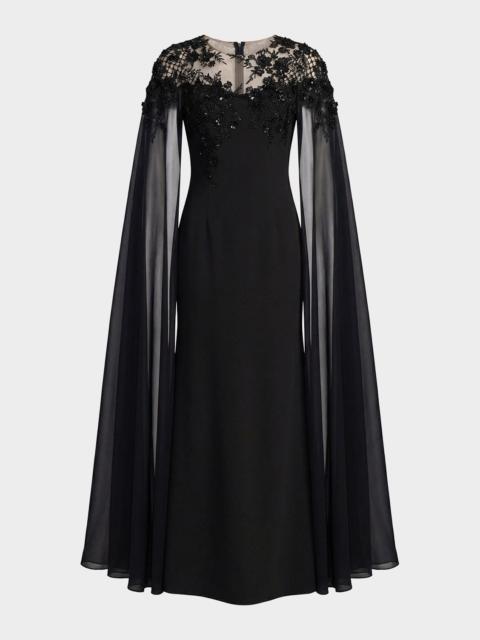 MAC DUGGAL Floral Embellished Chiffon Cape Gown