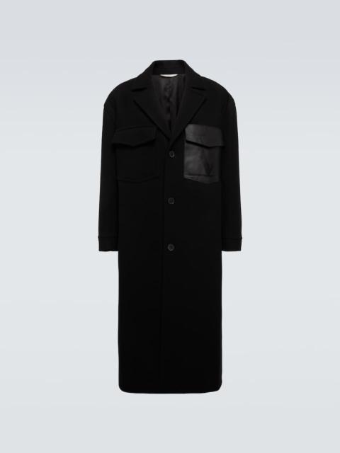 Leather-trimmed wool overcoat