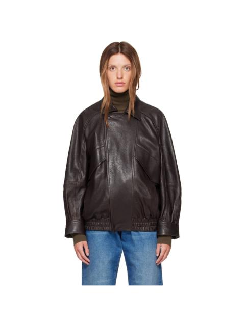 NOUR HAMMOUR Brown Rafe Sculptural Leather Bomber Jacket