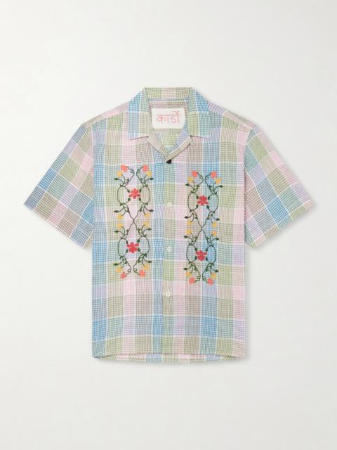 KARDO Ronen Camp-Collar Floral-Embroidered Checked Cotton and Linen-Blend Shirt
