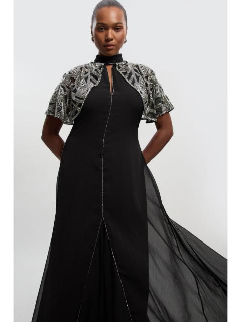 KAREN MILLEN Plus Size Crystal Embellished Cutwork Cape Detail Woven Maxi Dress