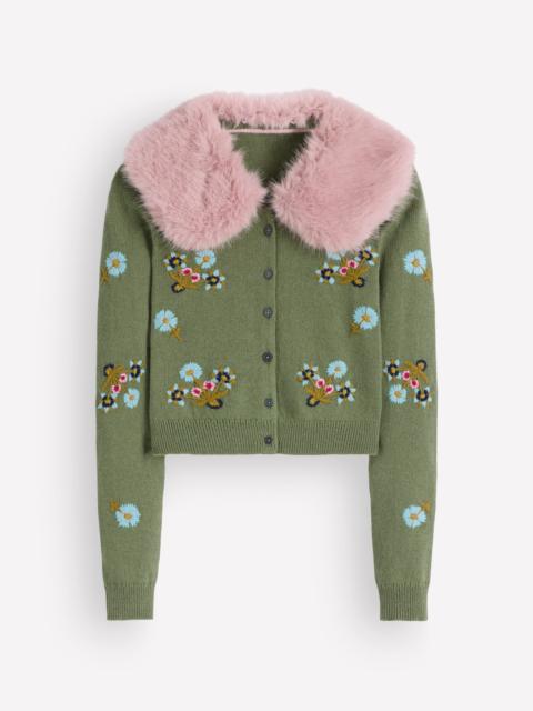 BODEN Fur Collar Cropped Cardigan-Laurel Green, Embroidered