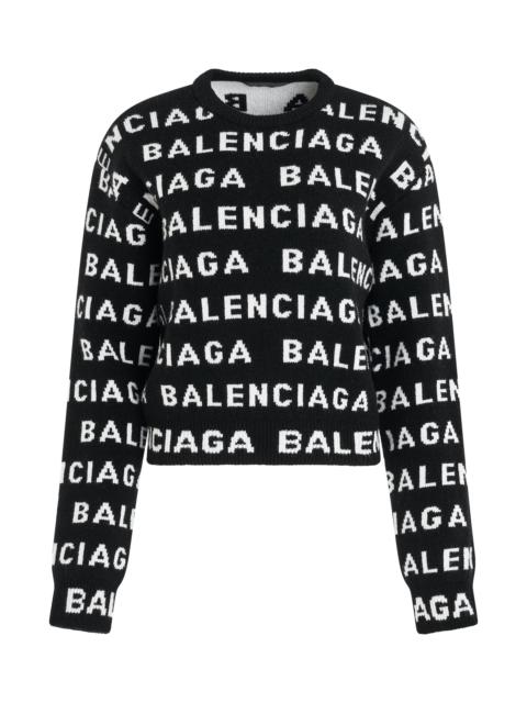 BALENCIAGA All-Over Logo Cropped Sweater in Black/White