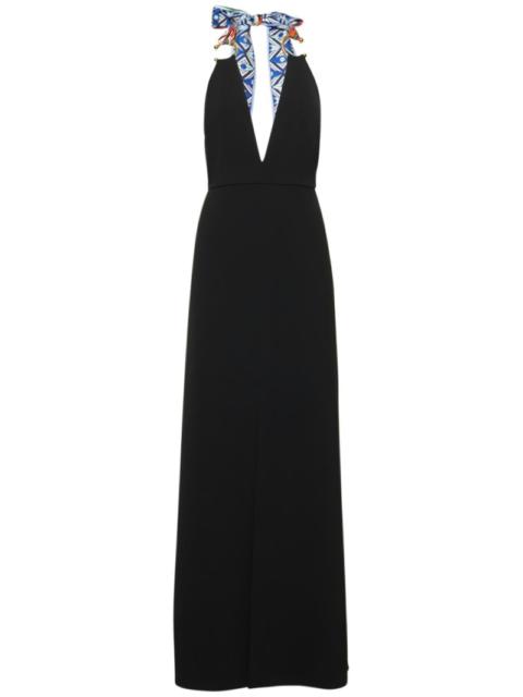 Crepe v neck long dress w/ foulard strap