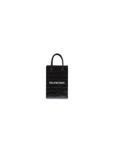 BALENCIAGA Women's Shopping Phone Holder Crocodile Embossed in Black