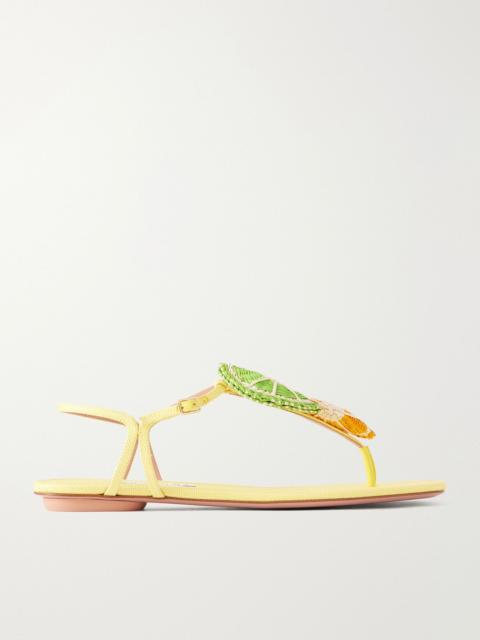 AQUAZZURA Embellished raffia-effect thong sandals Yellow