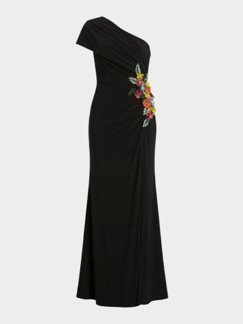 MAC DUGGAL Beaded Floral Applique One-Shoulder Jersey Gown