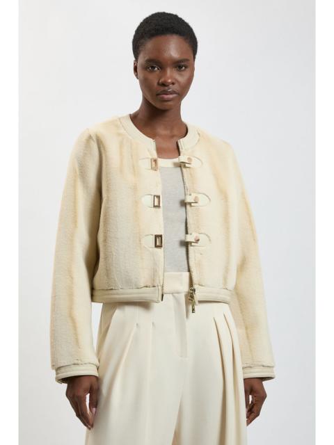 KAREN MILLEN Faux Fur & Faux Leather Buckle Detail Collarless Tailored Short coat