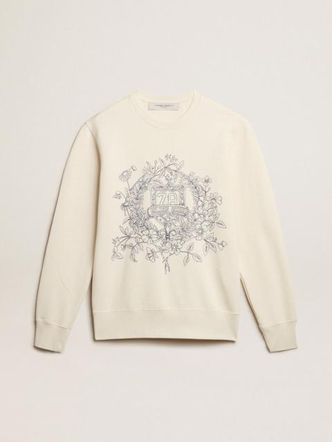 Golden Goose Men's aged white cotton sweatshirt with embroidery on the front