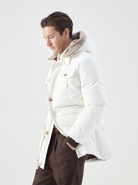 Bonded cotton gabardine down parka with shearling lined hood