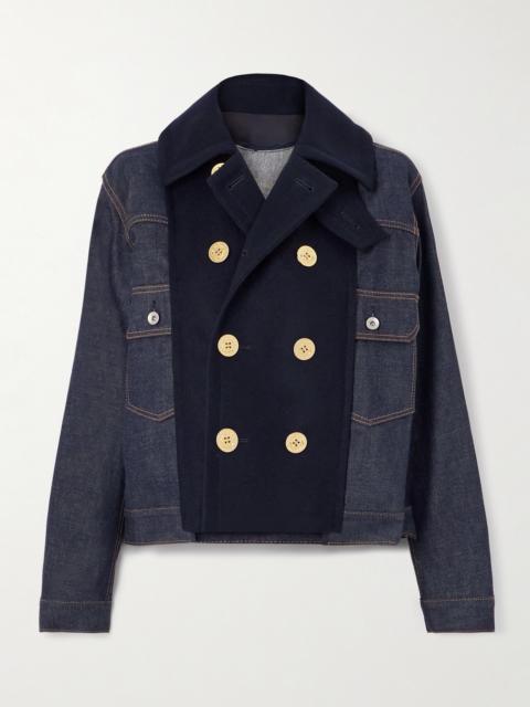 sacai Double-breasted Wool-trimmed Denim Jacket
