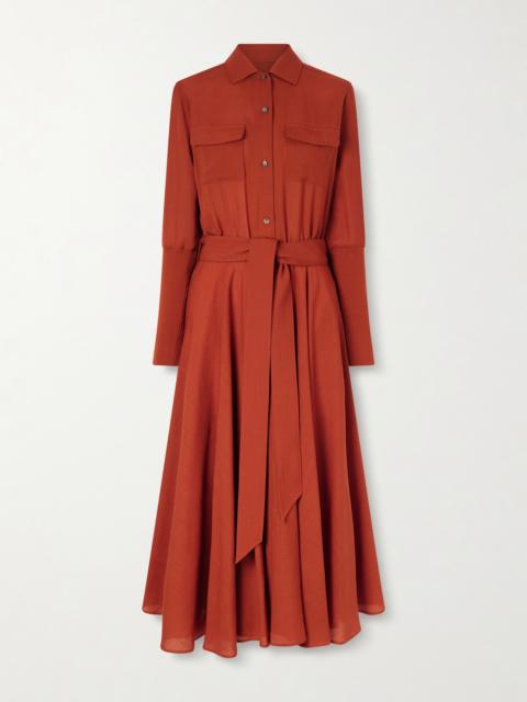 Loro Piana Verlaine Belted Pleated Wool Midi Shirt Dress