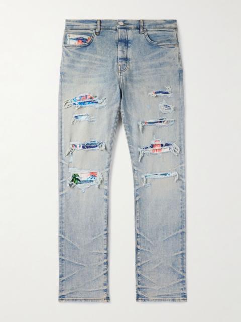 AMIRI Aloha Thrasher Skinny-Fit Distressed Embellished Panelled Jeans Blue