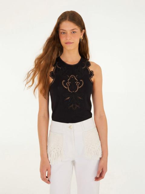 FARM RIO Black Lace Organic Cotton Sleeveless Blouse