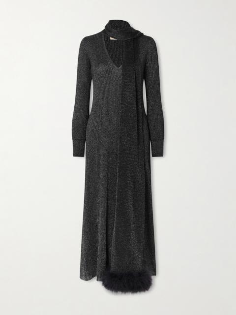 Valentino Scarf-detailed Feather-trimmed Metallic Ribbed-knit Midi Dress