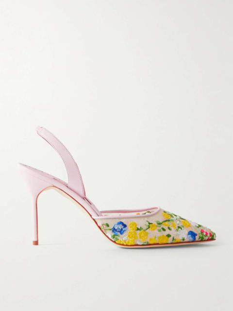 Jardoline 90 leather-trimmed embroidered mesh slingback pumps Baby pink