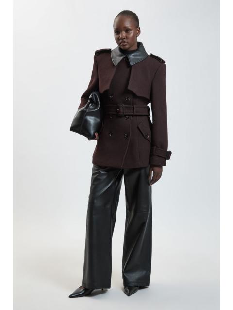 KAREN MILLEN Wool & Faux Leather Detail Short Pea Coat