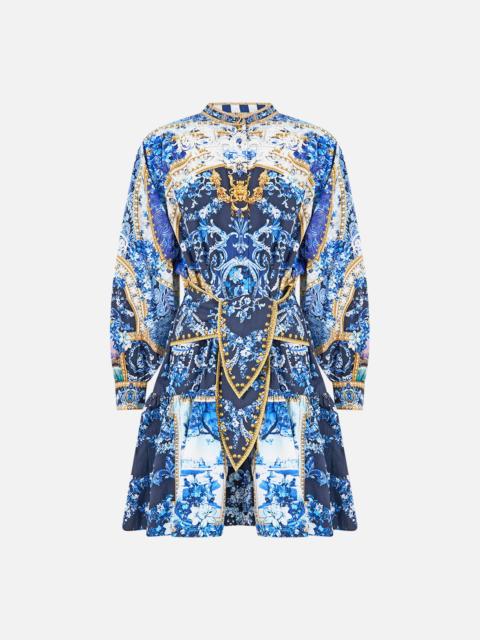 CAMILLA SHORT TIERED SHIRTDRESS WITH WIDE WAIST TIE SWEET SACRÉ BLEU