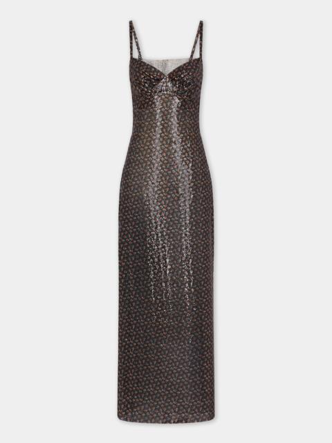rabanne HAND ASSEMBLED LONG DRESS IN BLACK LIBERTY PRINT MESH