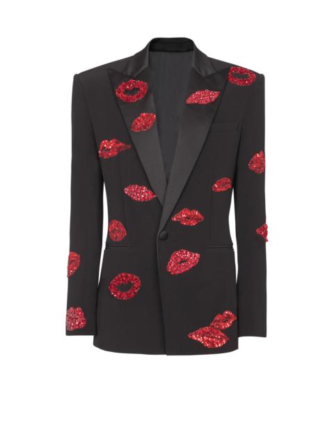 Balmain Crepe 1-button jacket with Kiss embroidery
