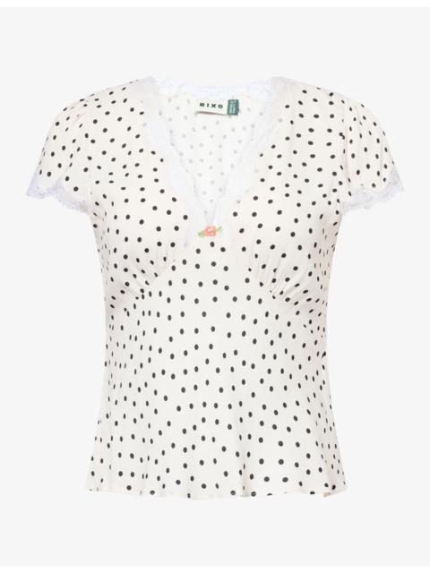RIXO Cathy Polka-Dot Lace-Trim Woven Top