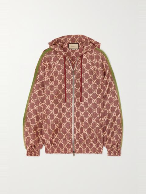 GUCCI Metallic webbing-trimmed printed silk-twill hoodie