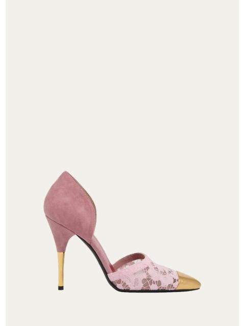 Valentino D'Orsay Lace-Embellished Suede Pump