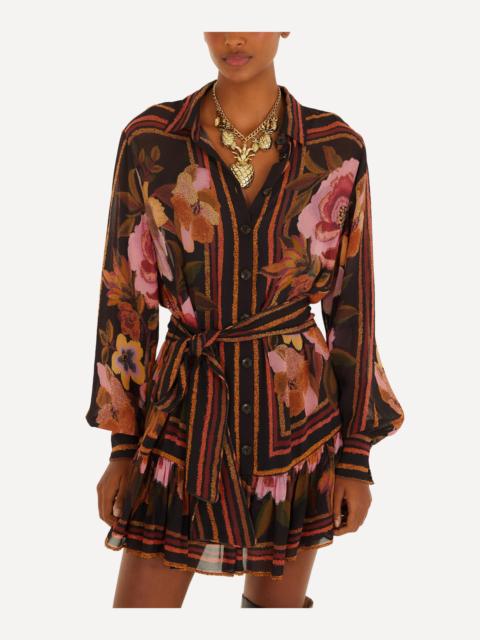 Black Chenille Flowers Belted Long-Sleeve Mini Dress