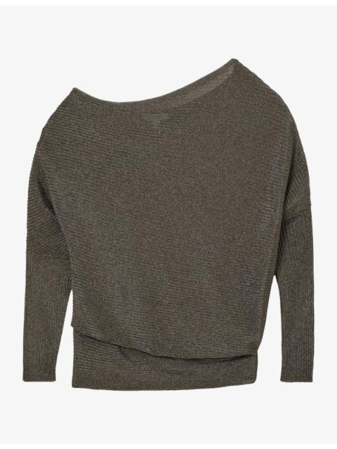 REISS Logan Drape-Neck Metallic-Knit Jumper