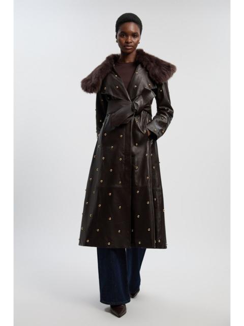 KAREN MILLEN Leather & Shearling Collar Studded Belted Maxi Coat