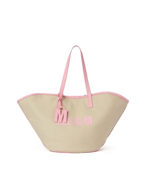 Large canvas tote bag with piping and printed logo