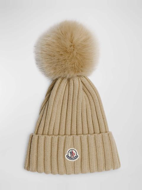 Ribbed Wool Beanie with Faux Fur Pom