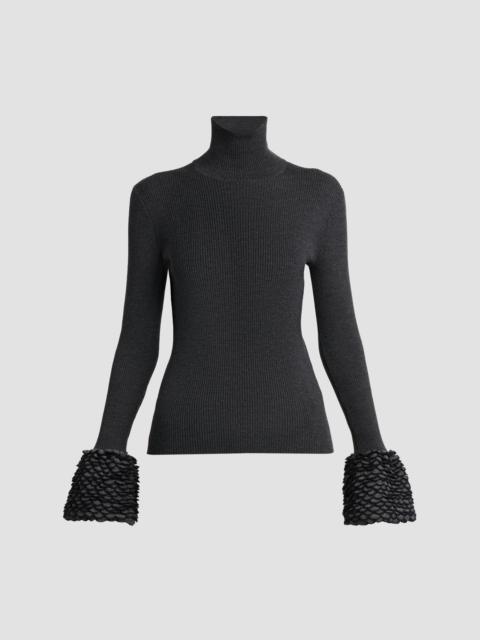 Alexander McQueen Women's Wool Rib-Knit Scalloped-Cuff Top - Grey
