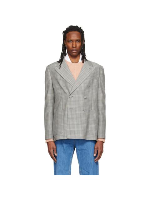 Valentino Gray Double-Breasted Mohair Wool Check Blazer