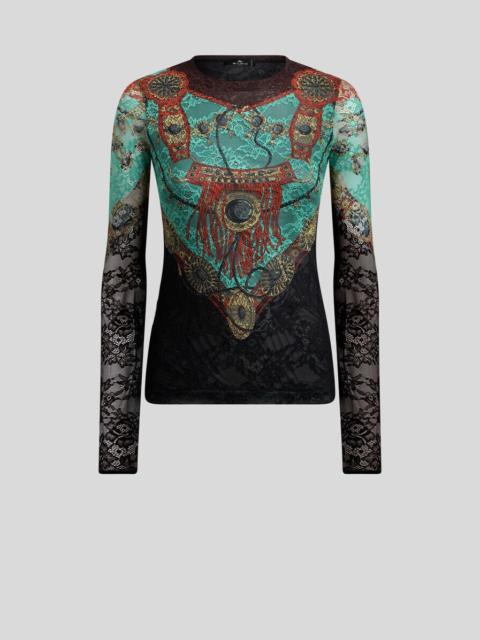 Etro JERSEY SWEATER WITH LACE AND PLACED JEWELLERY PRINT