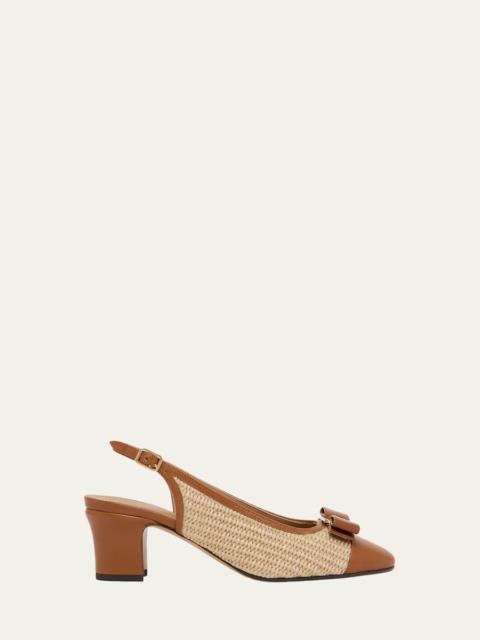 FERRAGAMO 55mm Vetty Raffia and Leather Slingback Pumps