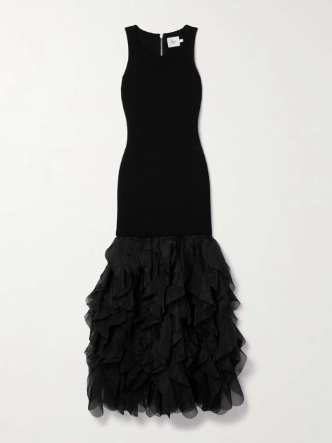 Aje. Elations ribbed-knit and ruffled organza maxi dress Black