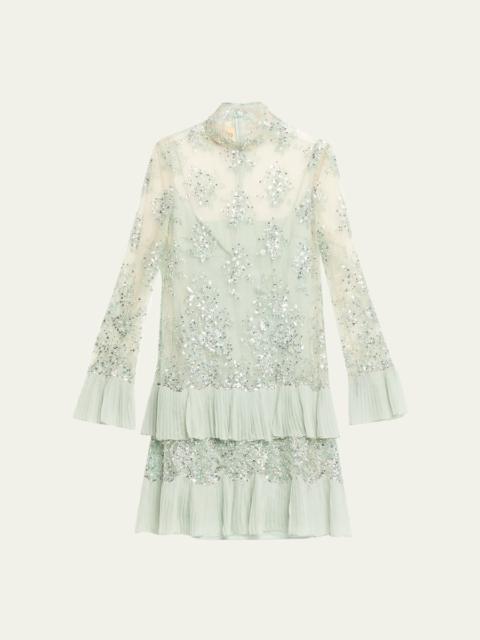 Valentino Floral Embroidered Long-Sleeve Ruffle Mini Dress