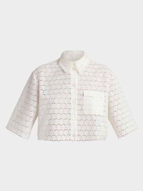 Valentino Short-Sleeve Eyelet Cotton Crop Button-Down Shirt