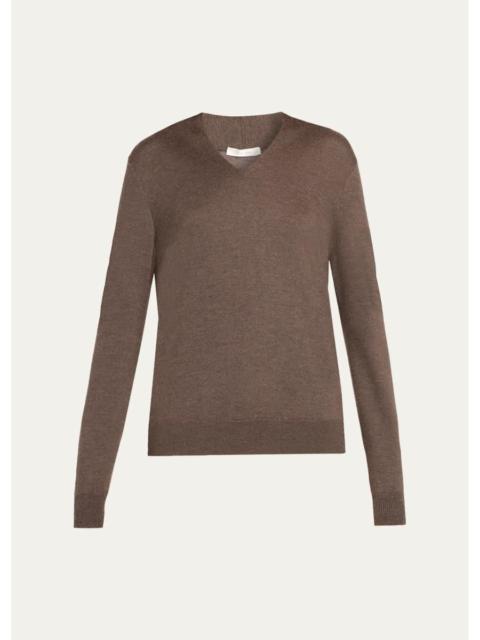 The Row Piro Cashmere-Silk Fine Knit V-Neck Sweater