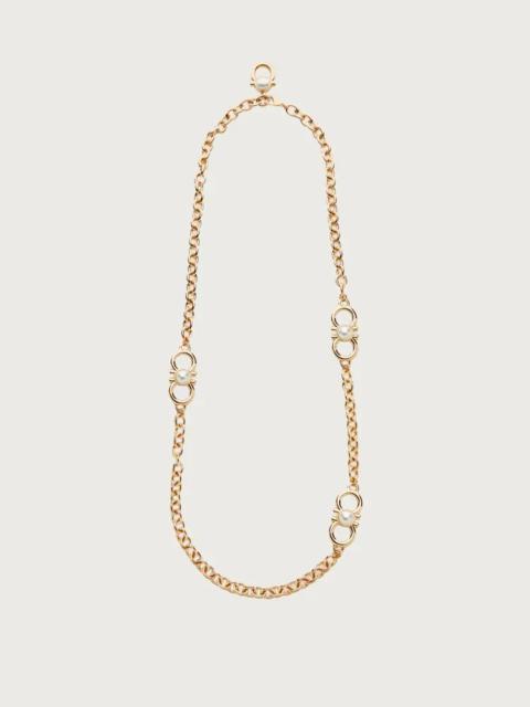 FERRAGAMO LONG GANCINI AND PEARL PENDANT NECKLACE