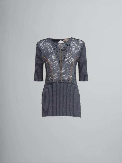 Marni GREY WOOL CREWNECK SWEATER WITH LACE PANEL