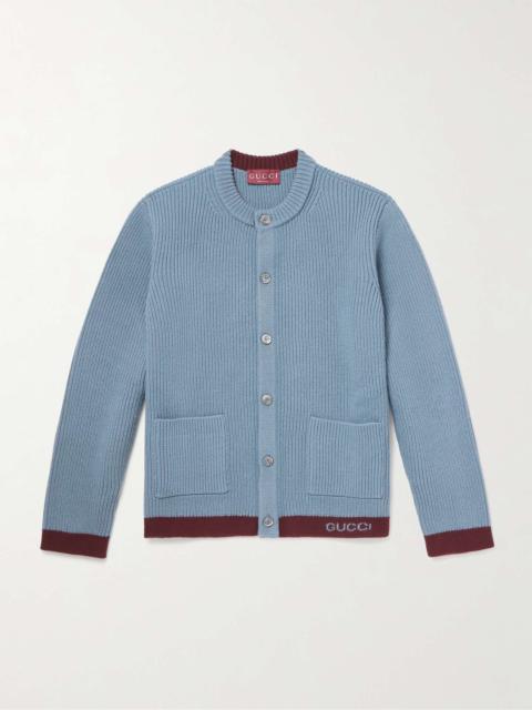 GUCCI Two-Tone Logo-Jacquard Ribbed Wool Cardigan