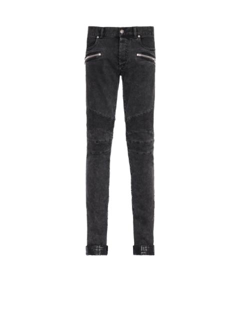 Balmain Slim cut ridged cotton jeans with Balmain monogram on hem