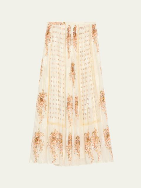 ULLA JOHNSON Brion Pleated Floral Silk Lace Midi Skirt