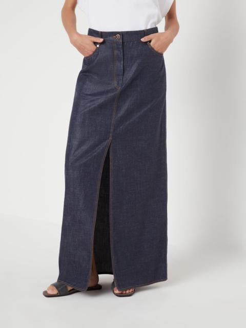Lightweight wet-effect denim long five-pocket skirt with shiny tab