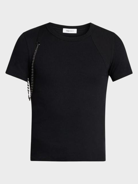 Alexander McQueen Men's Beaded Harness Micro-Rib Cotton Crewneck T-Shirt