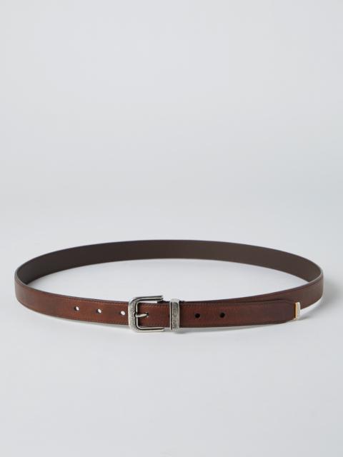 Blotted calfskin belt with detailed buckle and tip